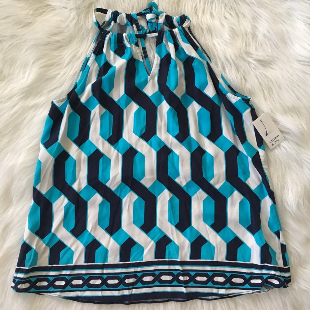 Crown and Ivy Sleeveless Blue Chain Print Top SzPS